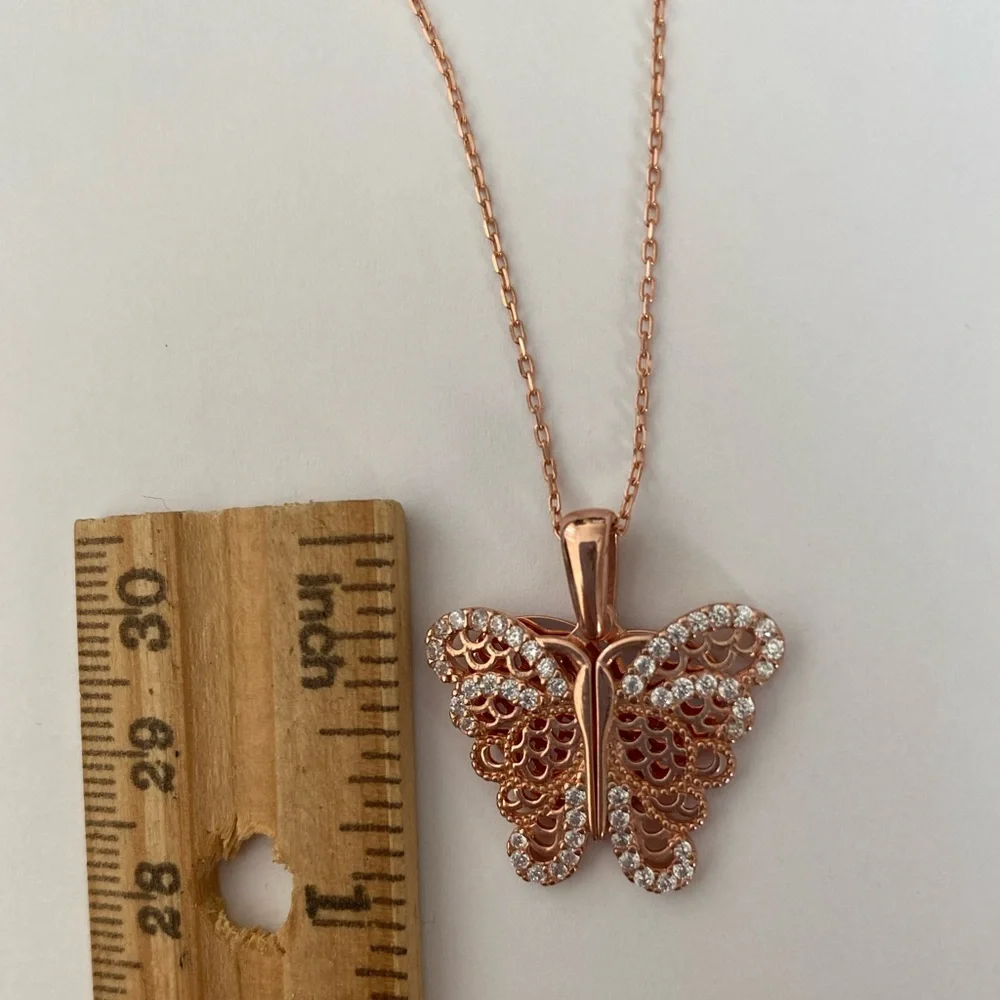 925 Silver butterfly initial cz double heart necklace 14K rose gold plat…